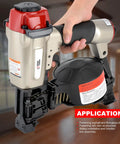 Heavy Duty Pneumatic Roofing Nailer for shingles close-up, 15° coil design, easy load magazine, used for asphalt fiberglass shingles.