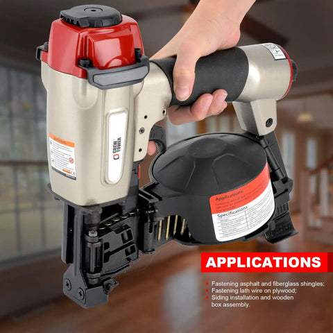 Heavy Duty Pneumatic Roofing Nailer for shingles close-up, 15° coil design, easy load magazine, used for asphalt fiberglass shingles.