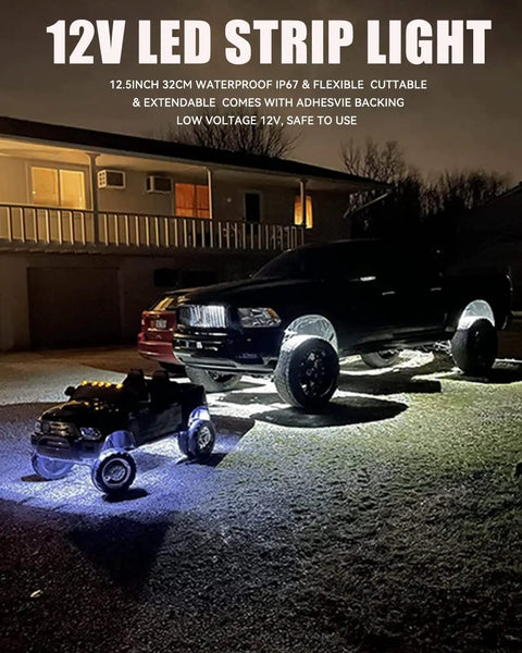 12V Waterproof White LED Light Strip illuminating a parked car and toy vehicle