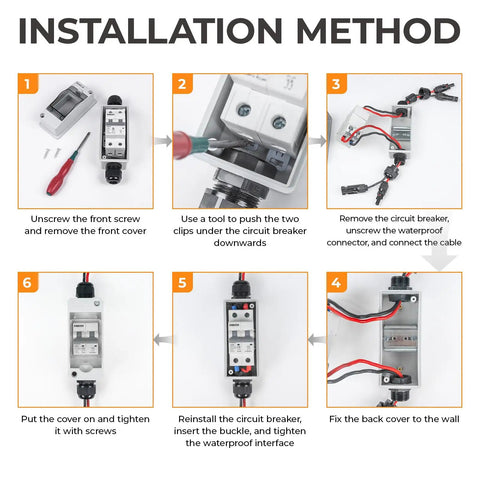 Installation guide for 40Amp 550V DC Solar Panel Disconnect Switch For Solar PV Homes Mini Circuit Breaker Box with steps and tools.