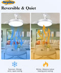 Retractable 42 Inch Smart Ceiling Fan With Lights App Remote Control Quiet DC Motor in room, summer and winter modes illustrated.