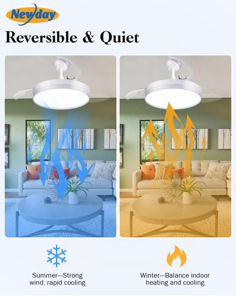 Retractable 42 Inch Smart Ceiling Fan With Lights App Remote Control Quiet DC Motor in room, summer and winter modes illustrated.