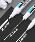 Top Shelf White Permanent Markers Quick Dry Oil Based Ink For Metal Glass Wood Built Tough Industrial And Craft Projects Smooth Writing Long Nozzle Nailed Every Job showing different nib sizes on a dark background.