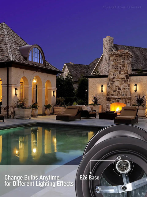 Large 23 Inch Outdoor Wall Lantern With Classic Gas Lamp Vibe near pool, showing E26 base, oil rubbed bronze fixture