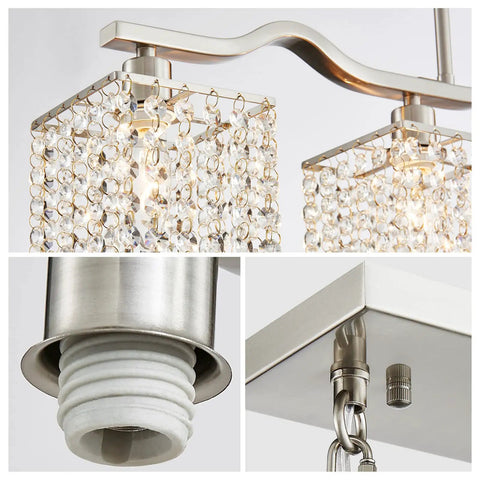Close-up of Crystal Chandelier Four Light Linear Raindrop Pendant Ceiling Light With Nickel Finish, E12 base, and 59-inch rod detail.
