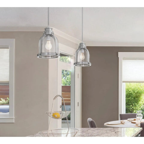 Retro Vibe One Light Indoor Mini Pendant Light With Hand Blown Clear Glass Shade And Brushed Nickel Finish over kitchen island