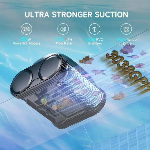 Cordless Robotic Pool Cleaner For Inground And Above Ground Pools, 4-In-1 Cleaning, Wall And Waterline Scrubbing, Up To 1,614 Sq Ft, 150-Min Run Time, Smart Navigation, App Control, Powerful 3,038 GPH Suction With 180 Micron Filter underwater showing suction power.