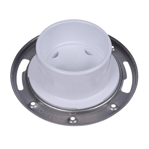 Solid 3 Or 4 In Fast Set White PvC Closet Flange With Heavy Duty Stainless Steel Ring and slick alignment slots for easy installation.