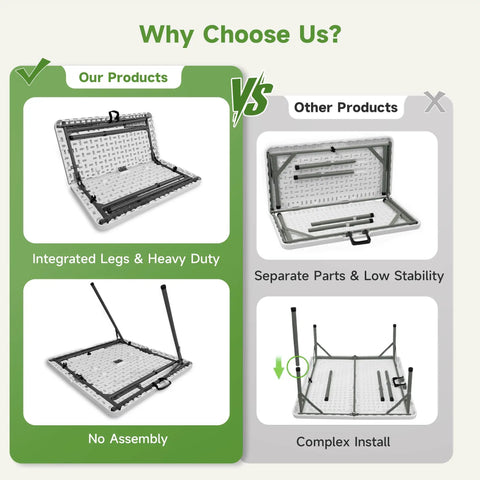 Comparison of Sturdy 3 Ft Square Folding Card Table With Carry Handle vs other foldable tables showcasing integrated legs.
