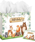 13 Inch Large Baby Gift Bag With Handle In Sage Green, Kid Friendly Woodland Animals Design, Includes Tissue Paper And Greeting Card