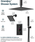GRANDJOY 12" Digital Display Shower System, 3-Function, Matte Black with measurements and design details