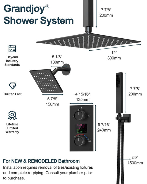 GRANDJOY 12" Digital Display Shower System, 3-Function, Matte Black with measurements and design details