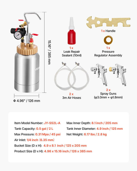 Badass Paint Pressure Pot With 2 Liter Tank And Dual Spray Guns Plus Long Hoses For Slick Smooth Finishes On Cars Furniture And Fences Up to 45 Psi Compressor Not Included with accessories displayed.