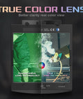 Close-up of display comparing traditional and true color lens on a Panoramic Auto Darkening Welding Helmet with Solar Power