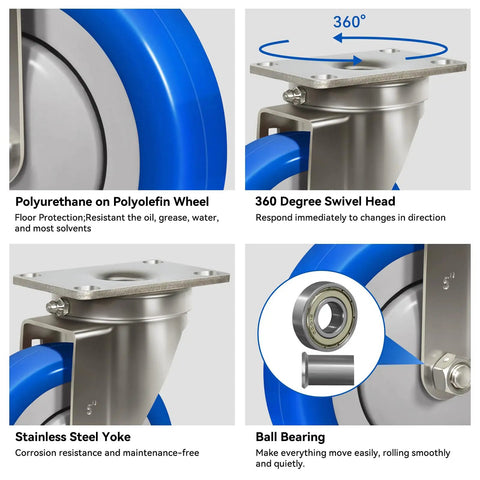 Tough As Nails Five Inch Stainless Steel Casters Smooth As Butter Polyurethane Wheels Built Like A Tank Industrial Swivel Set showing wheel materials and swivel head features.