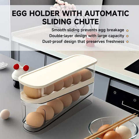 Auto Sliding Egg Organizer For Fridge 24 Egg Capacity Keeps Eggs Fresh And Organized Easy Refill White Egg Holder