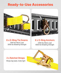 E Track Tie Down Rail Kit 36 Piece Set With Four Rails Sizes 1 2 4 5 Feet 2 Ratchet Straps 8 O Rings 8 Rope Tie Offs D Rings 2 Single Slots 16 End Caps For Vans Trailers showing D-ring, O-ring anchors, ratchet straps on black rail