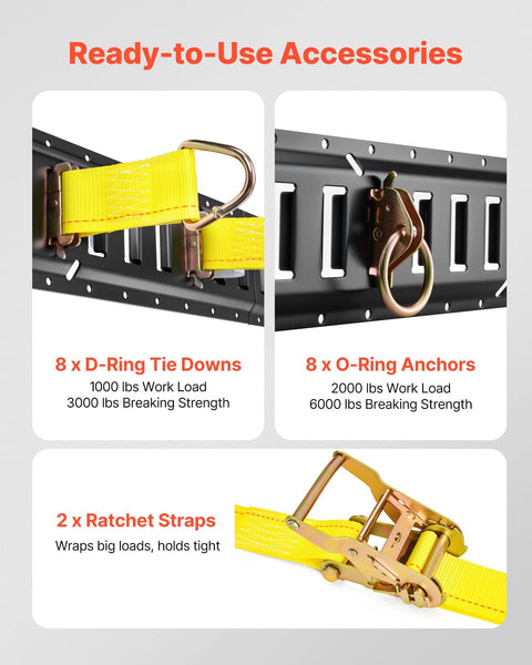 E Track Tie Down Rail Kit 36 Piece Set With Four Rails Sizes 1 2 4 5 Feet 2 Ratchet Straps 8 O Rings 8 Rope Tie Offs D Rings 2 Single Slots 16 End Caps For Vans Trailers showing D-ring, O-ring anchors, ratchet straps on black rail