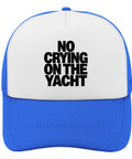 Womens Yacht Style Hat Breathable Sun Cap Royal Blue, white front panel with "No Crying on the Yacht" text, adjustable size.