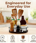 Sweetly Spinning 10 Inch Lazy Susan Turntable Organizer For Kitchen Counters Cabinets And Pantries With Silent 360 Swivel Handles And Rugged Wood Metal Build That Works Like A Charm For Spices Oils Bottles And Daily Dinner Prep showcasing kitchen utensils and bottles.