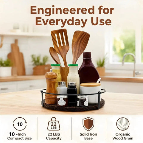 Sweetly Spinning 10 Inch Lazy Susan Turntable Organizer For Kitchen Counters Cabinets And Pantries With Silent 360 Swivel Handles And Rugged Wood Metal Build That Works Like A Charm For Spices Oils Bottles And Daily Dinner Prep showcasing kitchen utensils and bottles.
