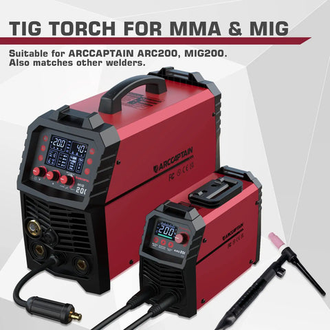 Tig Welding Gun Wp-17V Argon Torch With 13ft Air Hose 35-50mm Connector displayed with ARC200 MIG welder