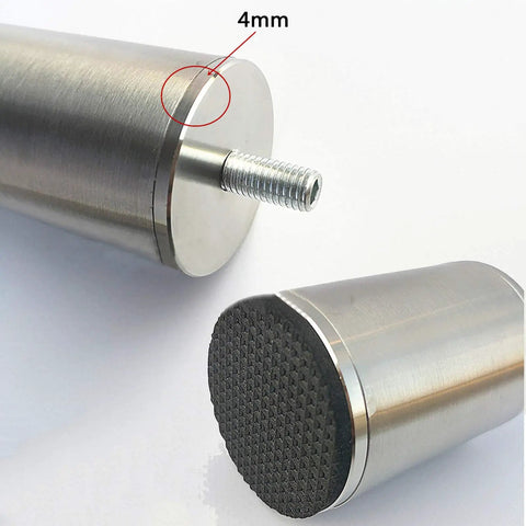 Close-up of Brushed Stainless Steel Furniture Legs Set Of 4 Adjustable Round Metal Feet M10 Thread showing details.