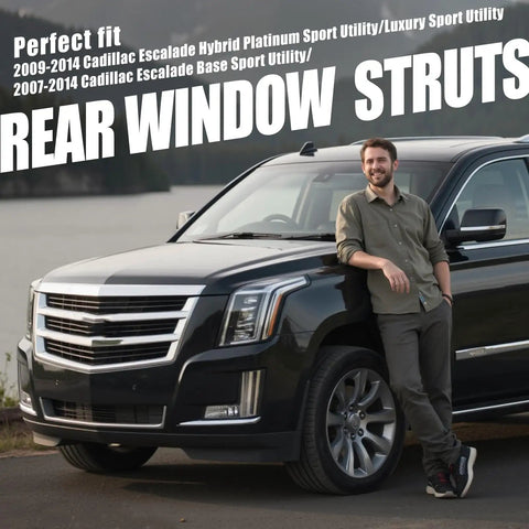 Man leaning on black Cadillac Escalade, promoting Rear Window Gas Lift Struts For 2007-2014 Cadillac Escalade ESV EXT Suburban