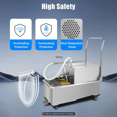 Heavy Duty Mobile Fryer Oil Filter Machine Cart With 550W Stainless Steel Separator System, featuring safety labels.