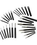 Automotive 29 Piece Chisel Set And Punch Tool Kit For Metalworking, Heavy Duty Steel Chisels With Roll Up Pouch, arranged on display
