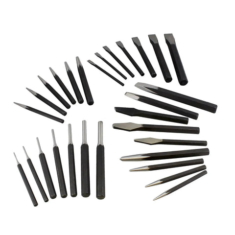 Automotive 29 Piece Chisel Set And Punch Tool Kit For Metalworking, Heavy Duty Steel Chisels With Roll Up Pouch, arranged on display