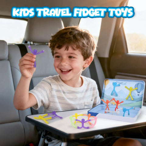 Child playing with Ultimate 20-Piece Magnetic Fidget Toys Set for Kids in a car, figures in metal box on tray.
