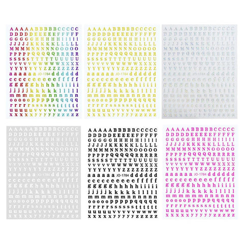 Sheets of colored alphabet stickers in various fonts for craft projects