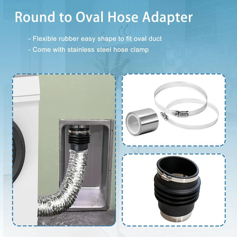 Round To Oval Duct Adapter For Recessed Dryer Vent Box 4 Inch Flexible Rubber Connector with stainless steel clamp