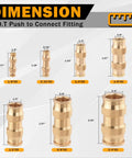 5 Piece 5/8 Inch Quick Push To Connect Brass Fittings Union Straight DOT Approved Air Line Adapter Set dimensions shown