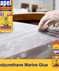 Hand applying Heavy Duty Waterproof Polyurethane Glue For Boats And RVs 20.3 Fl Oz Marine Adhesive Natural PU Bond on wood surface
