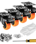 2 To 6 Inch Swivel Plate Caster Set Of Four With Dual Locking PVC Wheels, includes tools and gloves, for carts and workbenches