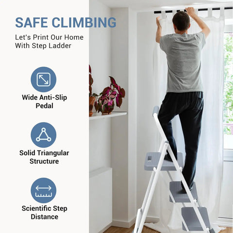 Person using Three Step Ladder With Anti Slip Pedals And Comfortable Handrail Portable Heavy Duty Step Stool for indoor tasks