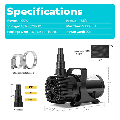 Beast 100W Submersible Water Pump Delivers 1800 GPH With 180 Degree Adjustable Outlet And 13.8 Ft Lift For Waterfalls Fountains Ponds