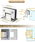 Heavy Duty Brushed Nickel Glass Shower Door Hinges For 90 Degree Corner Mount With Soft Rubber Gasket To Prevent Scratches And Damage Durable Bathroom Hardware Replacement Easy To Install Secure Fit Pair product size and installation details.