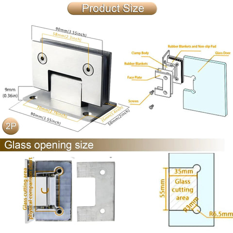 Heavy Duty Brushed Nickel Glass Shower Door Hinges For 90 Degree Corner Mount With Soft Rubber Gasket To Prevent Scratches And Damage Durable Bathroom Hardware Replacement Easy To Install Secure Fit Pair product size and installation details.