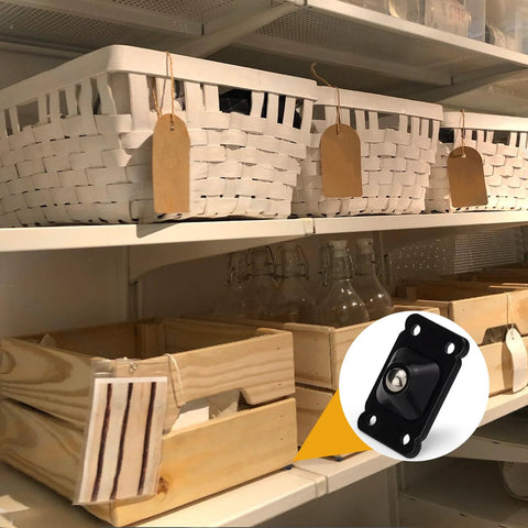 24 Pack Mini Self Adhesive Caster Wheels 1 Inch Stainless Steel Swivel Rollers Black, installed on storage boxes.