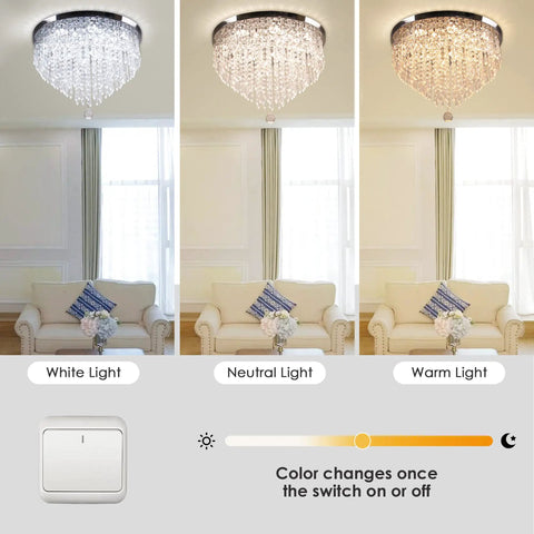 19.7 Inch Dope Crystal Ceiling Light Flush Mount Chandelier For Dining Room Living Room Bedroom And Foyer, 3 color temperatures