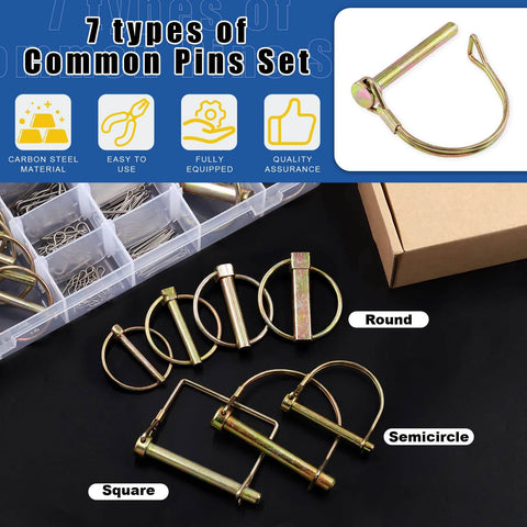 Image of 254 Piece Mixed Lynch And Clevis Pins Set With 5 Styles Of Pin Fasteners including lynch, PTO, clevis, cotter, R hairpins.