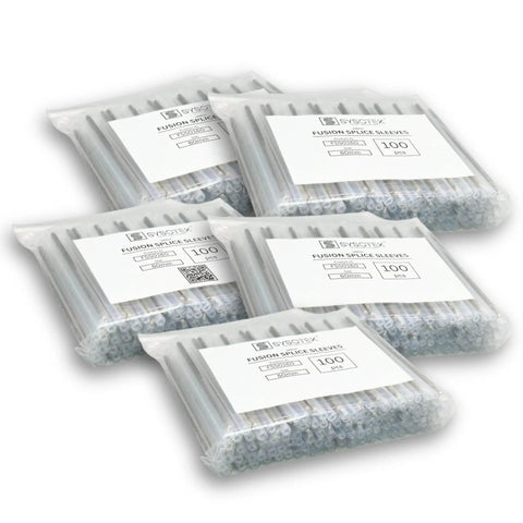 Fiber Optic Fusion Splice Sleeves 60mm 2.6mm OD 500 Pack Bulk Heat Shrink Protectors, clear bags with sleeves and labels.
