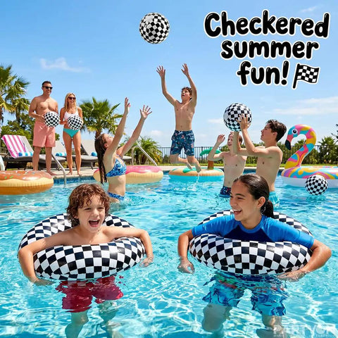 Checkered Race Car Inflatable Pool Toy Set with people using 22.8 inch swim rings and 16 inch beach balls at a pool party.