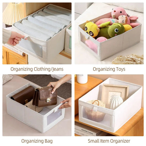 Premium Linen Closet Organizers And Folding Storage Bins, Four Pack Fabric Containers With See Through Window For Quick Clothes And Jeans Retrieval, Straight Up The Ultimate Shelf Organization Fix