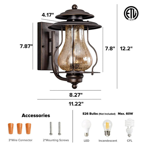 Outdoor Wall Lantern Sconce Lighting for Front Porch and Backyard, Waterproof Rustic Aluminum Exterior Light Fixture, Wall Mount Lamp with Faux Cracked Glass, Weather Resistant for Doorway and Garage