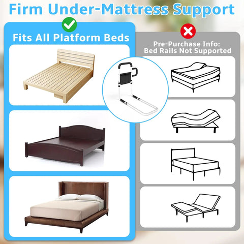 Bedside Safety Rails With Non Slip Foam Pad Handle, white adjustable bed rail image, showing compatibility with platform beds.