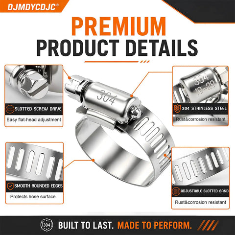 Heavy Duty 304 Stainless Steel Hose Clamps Worm Gear Assortment Kit 150PCS Adjustable 1/4 To 1-1/2 Inch shown with slotted band